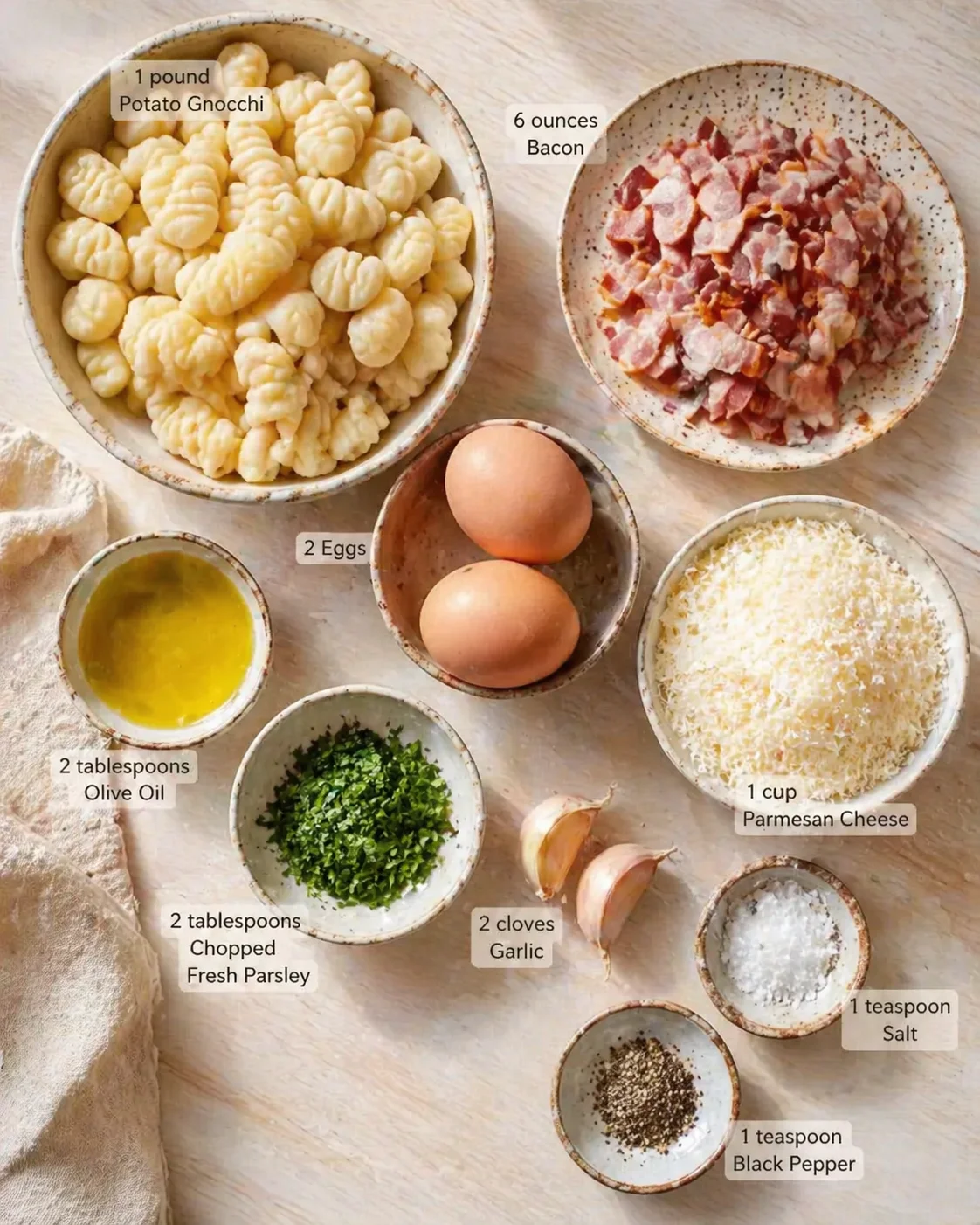 Measured ingredients arranged for Ultimate Gnocchi Carbonara with Bacon & Parmesan – Delicious Comfort: 1 pound Potato Gnocchi (homemade or store-bought), 6 ounces Bacon (substitute with pancetta or turkey bacon for a li