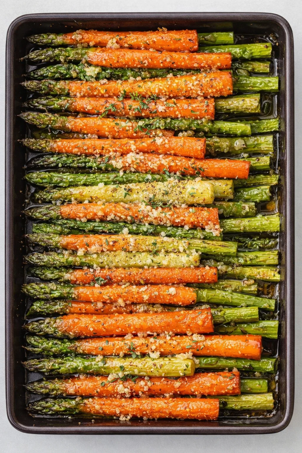 Straight-down overhead view of Oven-Roasted Asparagus and Carrots