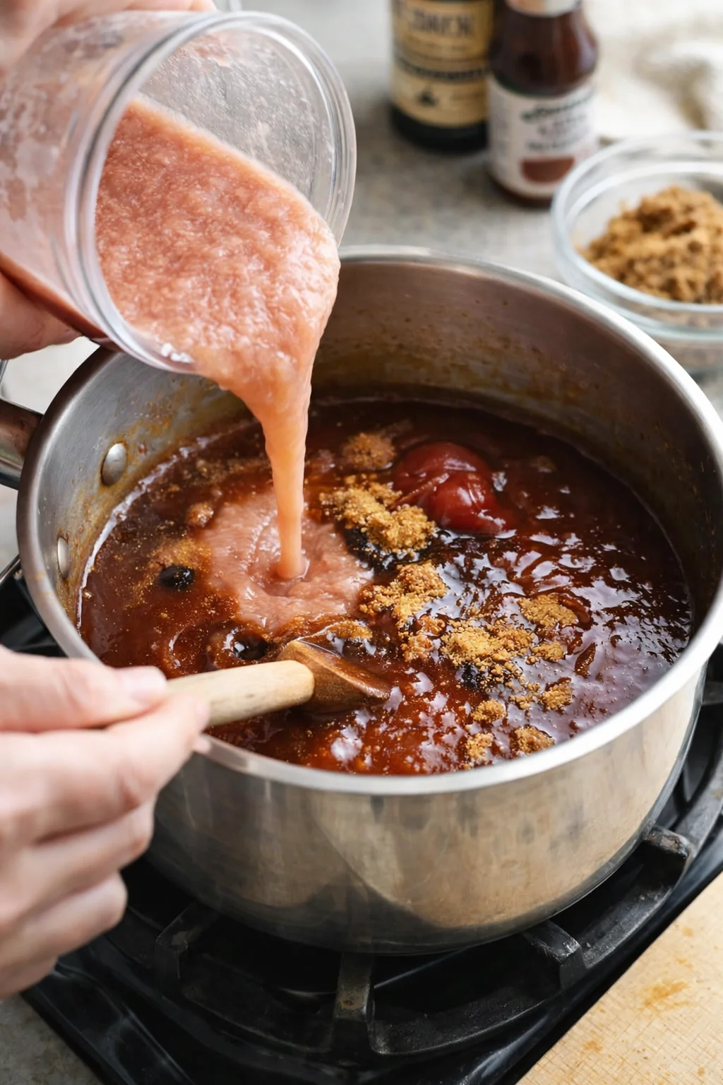 Smooth rhubarb puree being poured from blender into saucepan beside measured spices