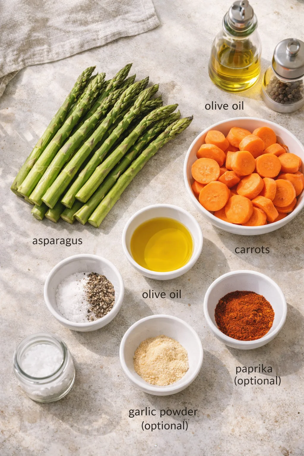 Measured ingredients arranged for Oven-Roasted Asparagus and Carrots: 1 bunch asparagus, trimmed, 2 cups carrots, peeled and sliced, 2 tablespoons olive oil, Salt and pepper, to taste, 1 teaspoon garlic powder (optional)
