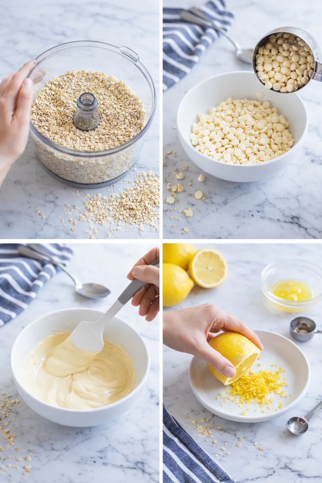 Blender with pulsed oats, microwave-safe bowl of white chocolate chips, lemon being zested and juiced.