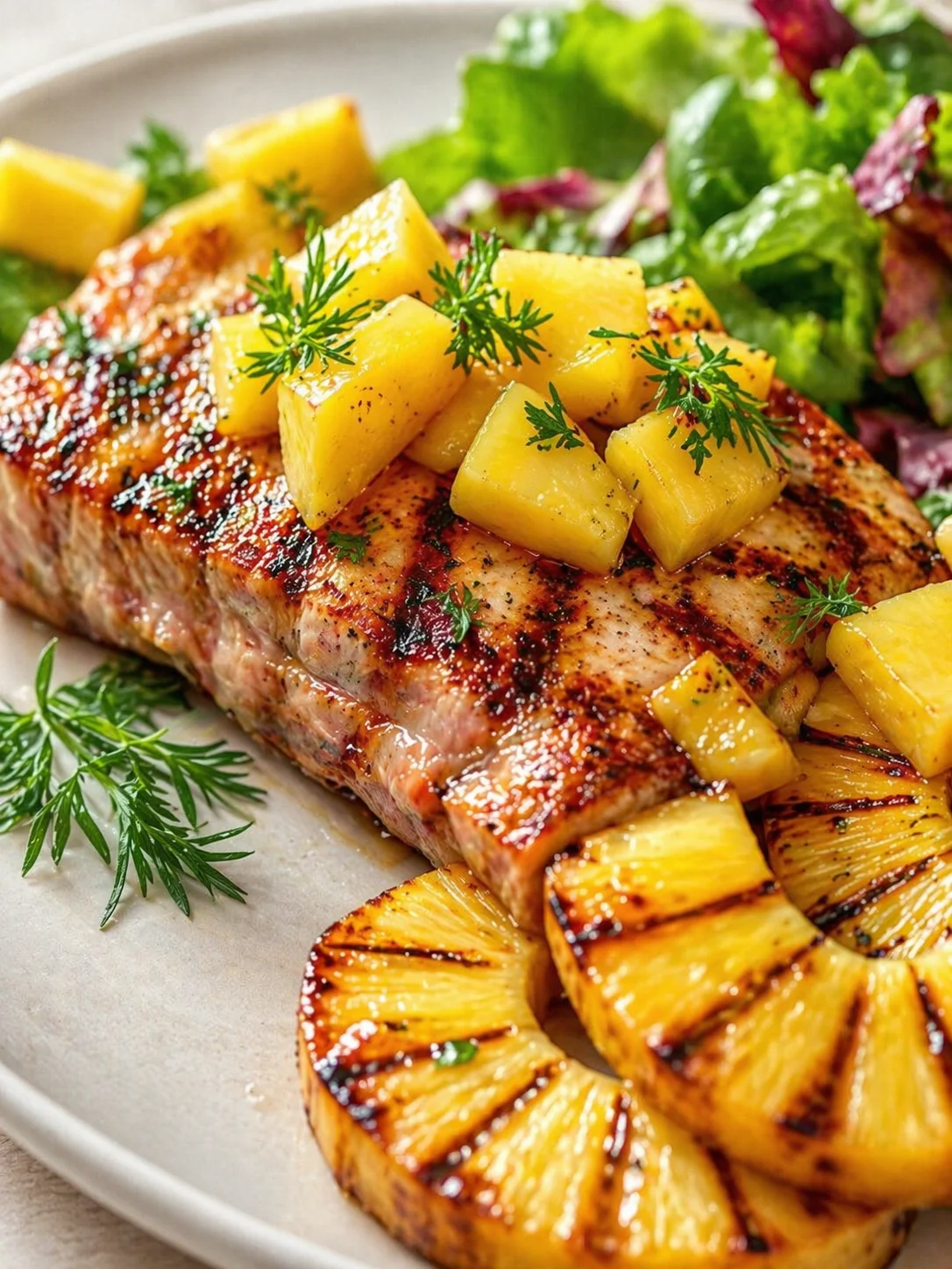 Final plated Easy Mouth-Watering Tuna Steaks and Pineapple Recipes served as a hero shot