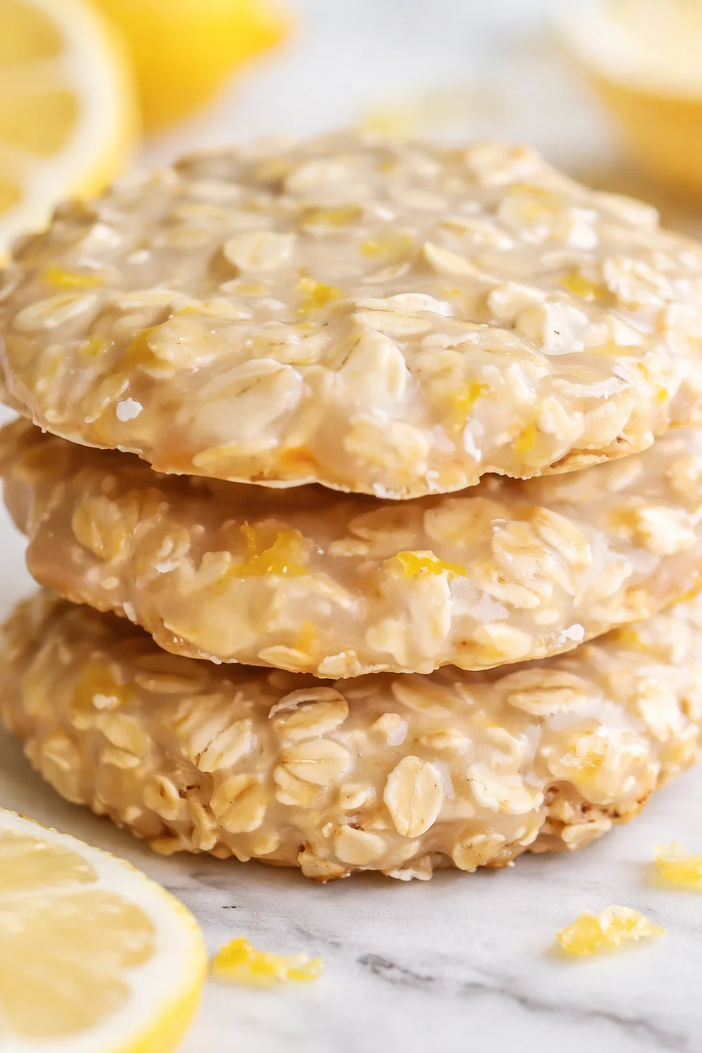 Tight detail shot of Lemon Oatmeal No-Bake Cookies highlighting texture