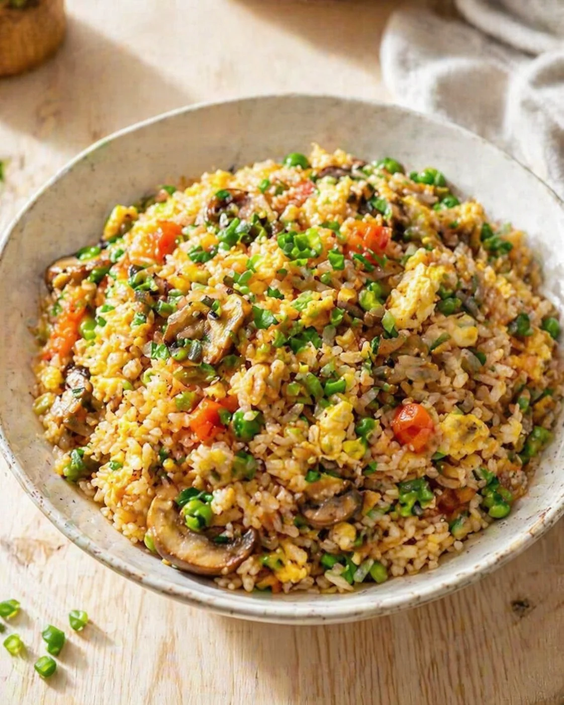 Single plated variation of Quick and Easy Egg Fried Rice - MushroomSalus shown in a natural kitchen scene