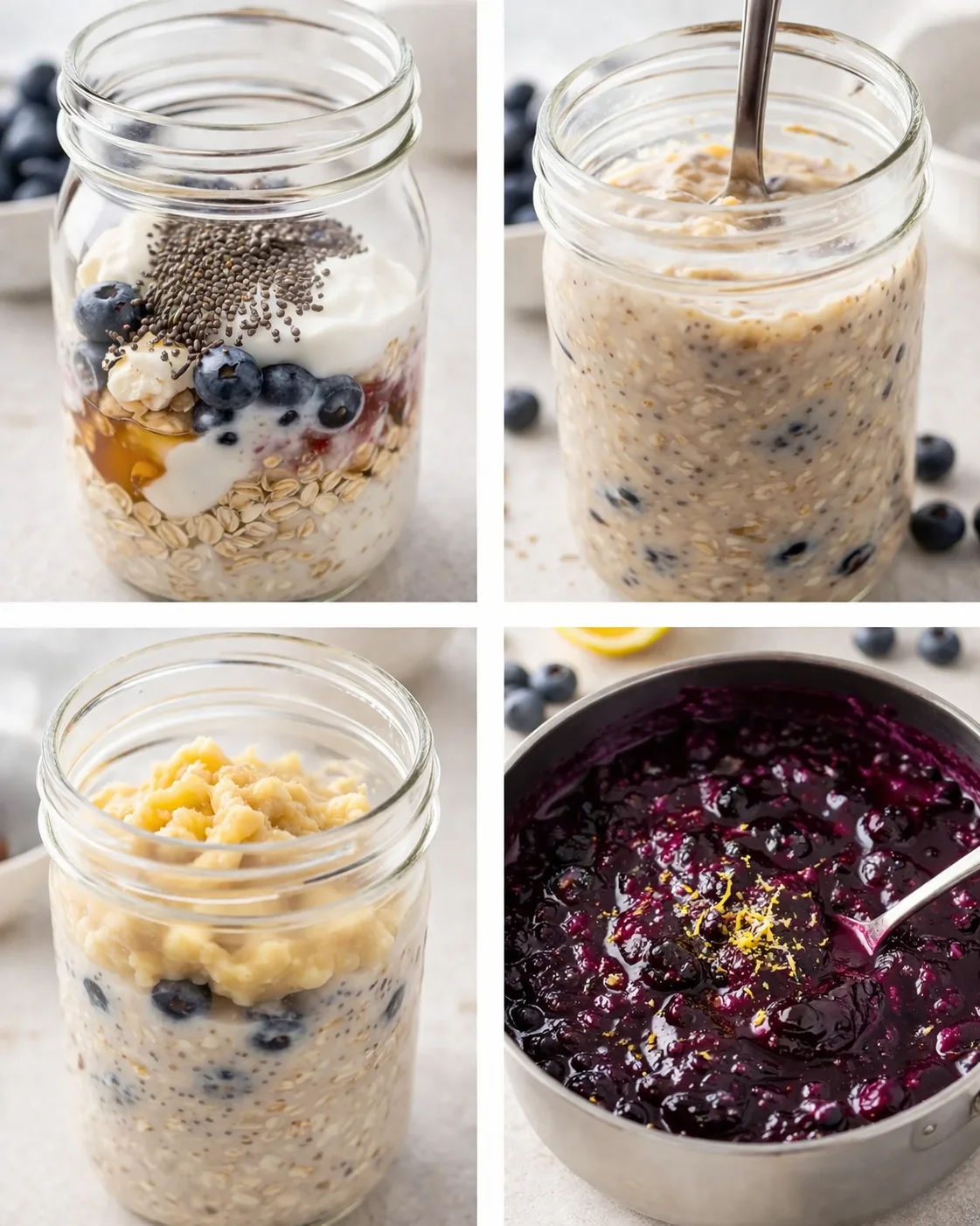 Jar of oats, nut milk, yogurt, fresh blueberries and chia seeds being stirred; saucepan simmering mashed blueberries.