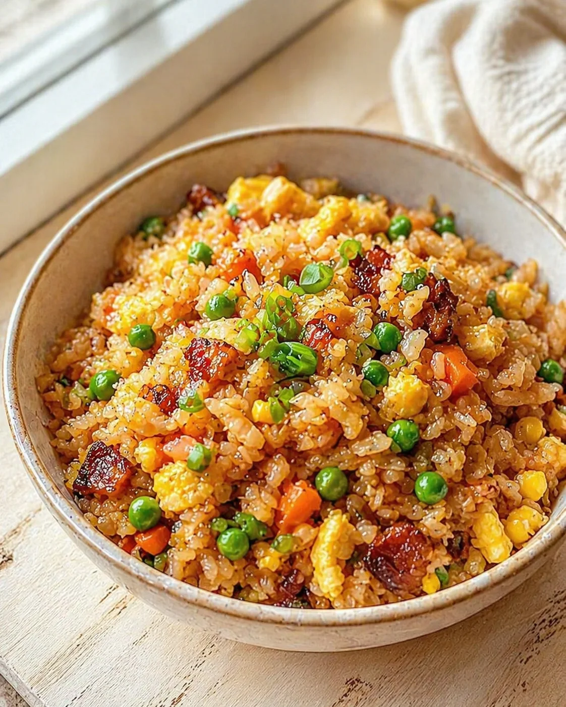 Single plated variation of Freakin’ Fantastic Fried Rice: Easy & Flavorful shown in a natural kitchen scene