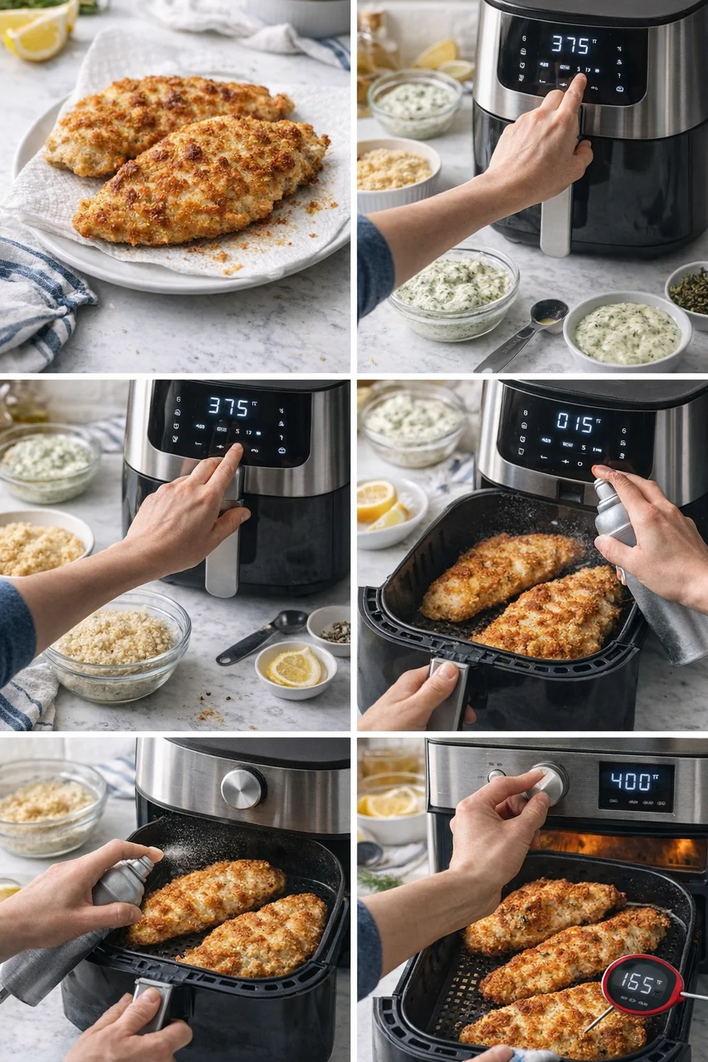step-process-placeholder-13-16.png Breaded chicken arranged in air fryer basket sprayed with oil, and oven preheating in background.
