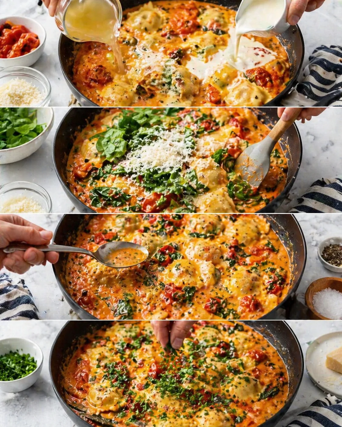 Creamy tomato sauce simmering with roasted cherry tomatoes, ravioli, wilted spinach, melted Parmesan, parsley garnish.