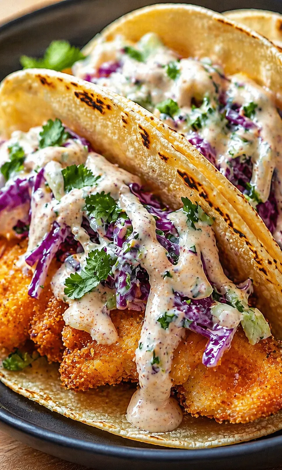 Final plated Southern Catfish Tacos with Crunchy Slaw served as a hero shot