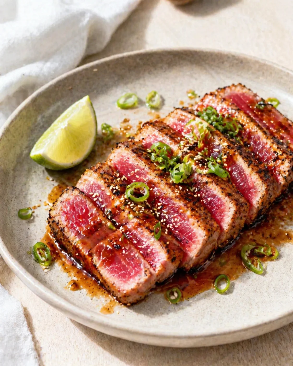 Single plated variation of Savory Ahi Tuna Recipe | Air Fryer Tuna Steak with Bold Flavor shown in a natural kitchen scene