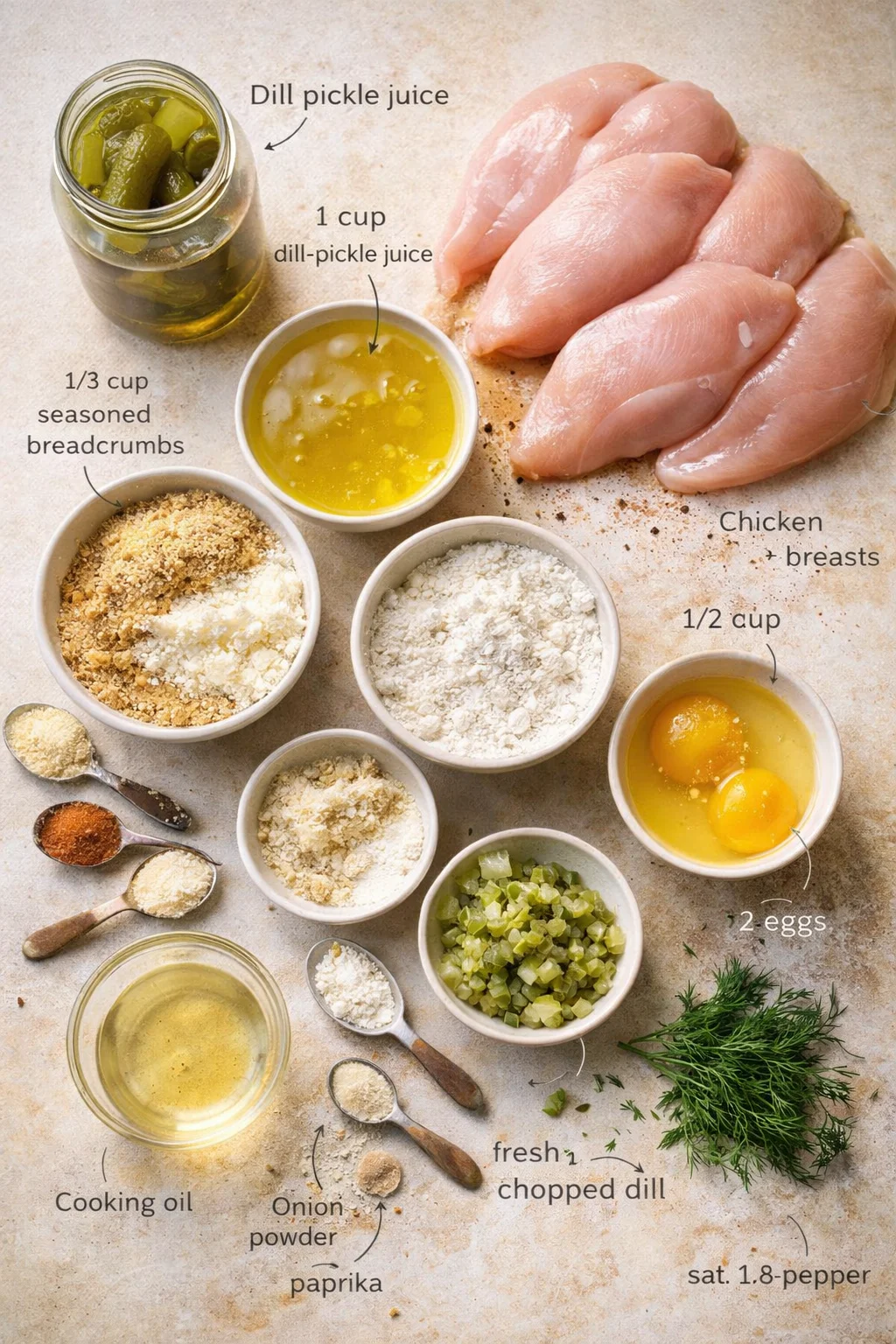 ingredients-placeholder.png Measured ingredients arranged for The Best Crispy Dill Pickle Parmesan Chicken: 4 boneless, skinless chicken breasts, 1 cup dill pickle juice (from a jar of pickles), 1 cup seasoned breadcrumbs, 1/2 cup grated Parmesan c