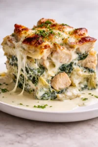 Final plated High Protein Spinach Artichoke Chicken Casserole Delight served as a hero shot