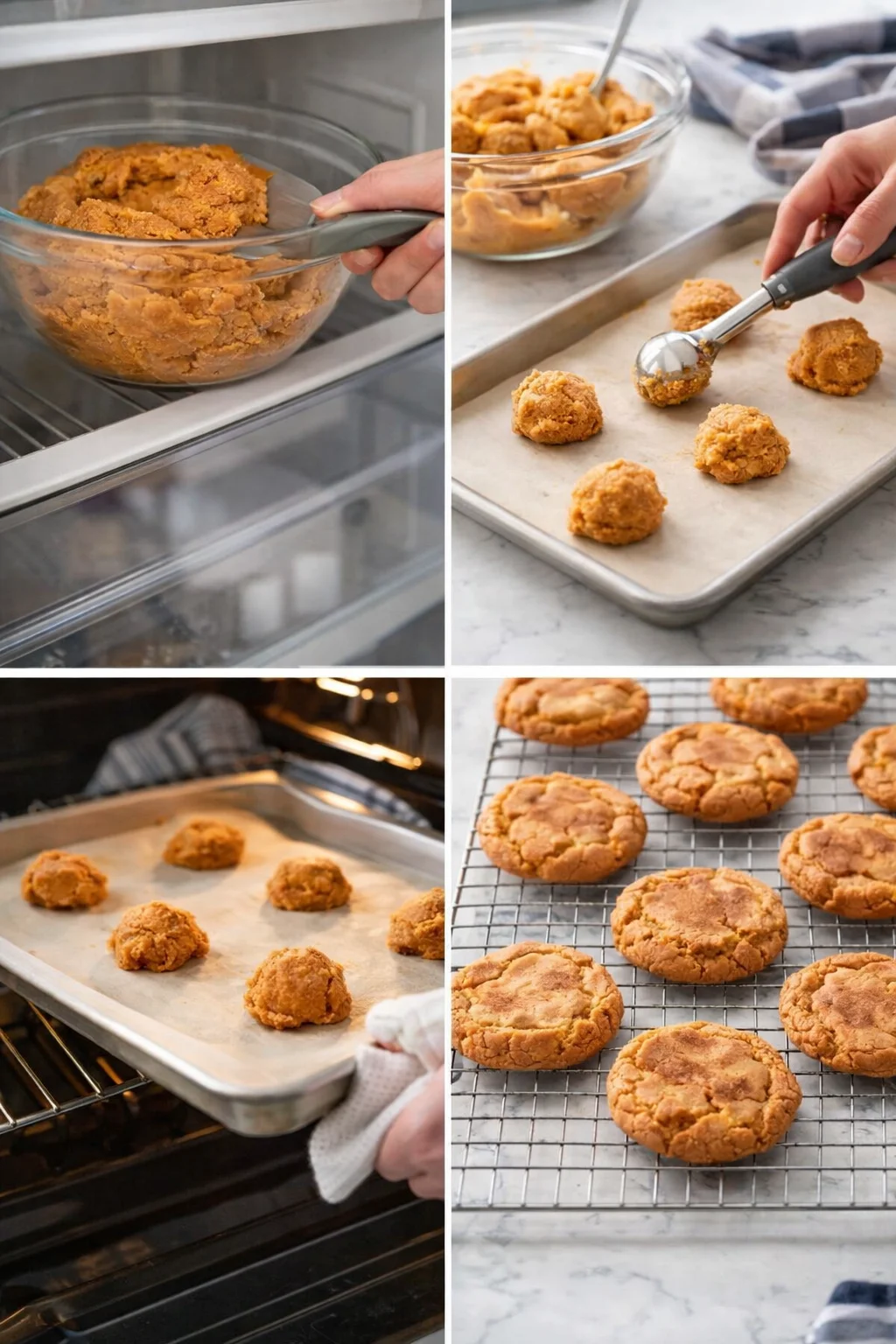 step-process-placeholder-9-12.png Rounded cookie dough scoops on lined sheet, baked golden-edged cookies cooling on a wire rack.
