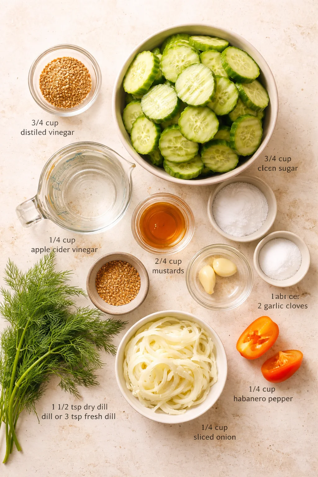 ingredients-placeholder.png Measured ingredients arranged for Best Easy Sweet & Spicy Dill Pickles: 1 1/2 teaspoons dry dill or 3 teaspoons fresh dill, 1/2 teaspoon mustard seeds, 3/4 cup distilled vinegar, 3/4 cup water, 1/4 cup apple cider vinega
