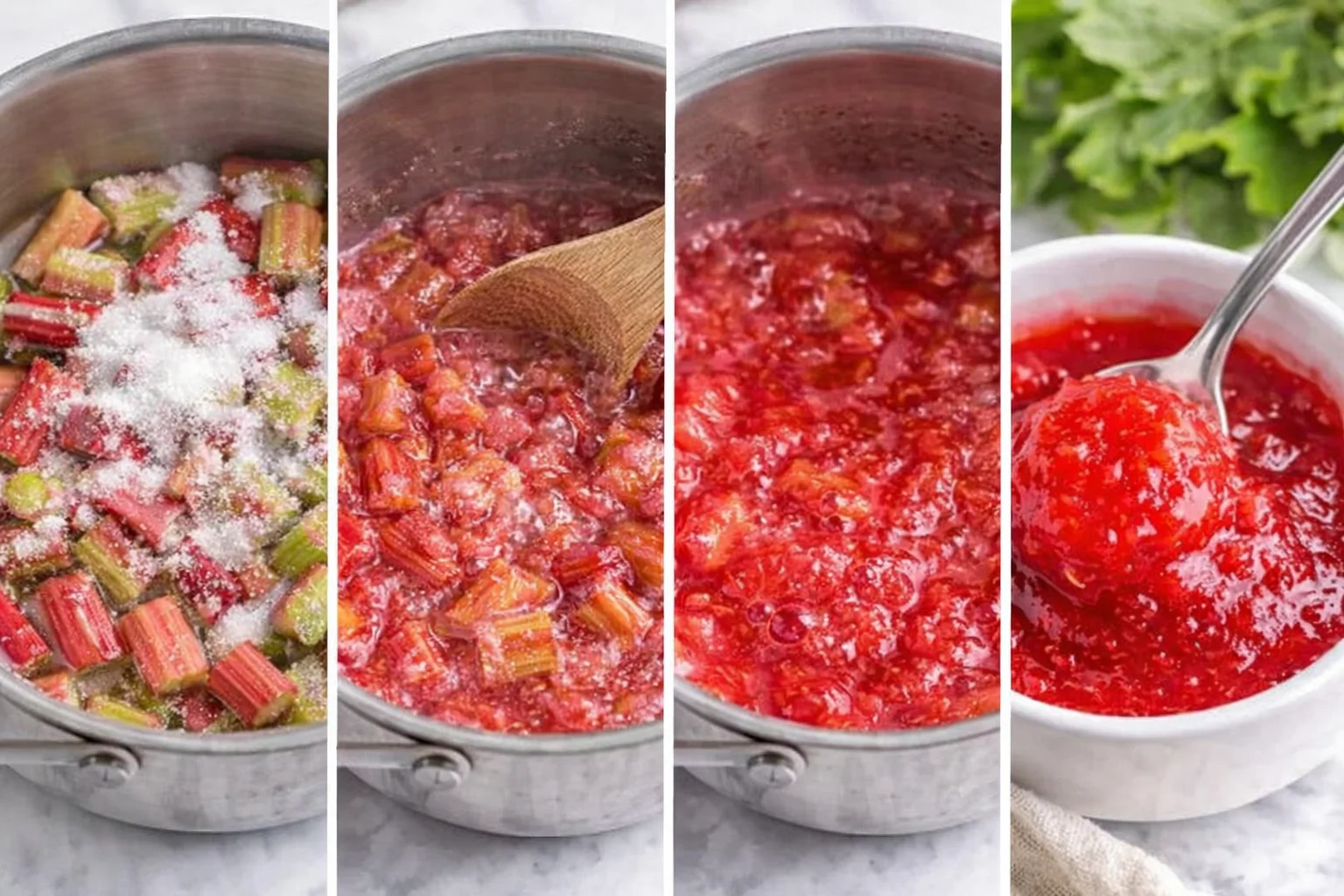 Rhubarb-sugar mixture transferred into a saucepan, gently heating while sugar dissolves, lemon juice being poured.