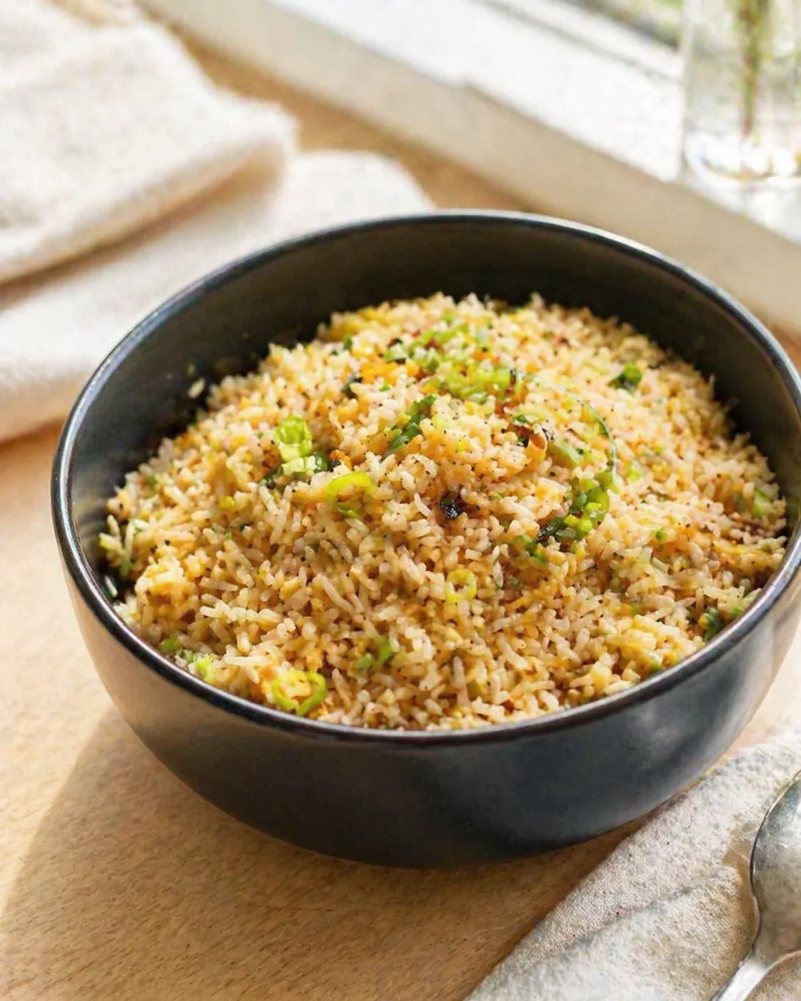 Single plated variation of Easy Garlic Fried Rice shown in a natural kitchen scene