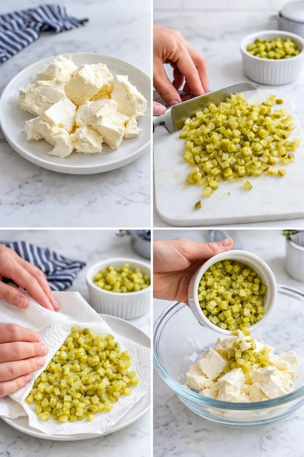 Softened cream cheese in medium bowl beside small diced dill pickles draining on paper towel.