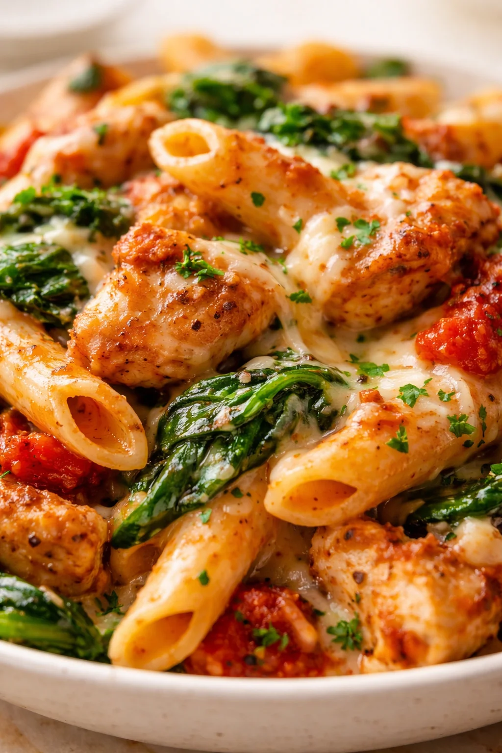 Tight detail shot of Tomato Spinach Chicken Pasta: An Amazing Ultimate Recipe highlighting texture