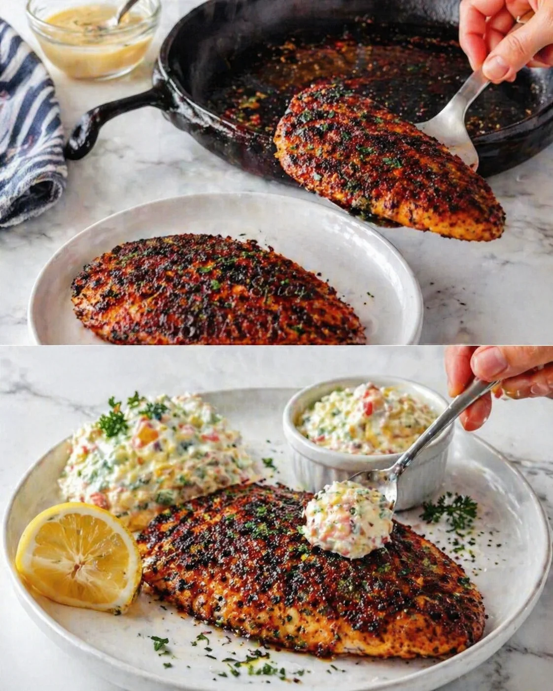 Golden-blackened fillets resting on plate topped with dollop of Creole remoulade