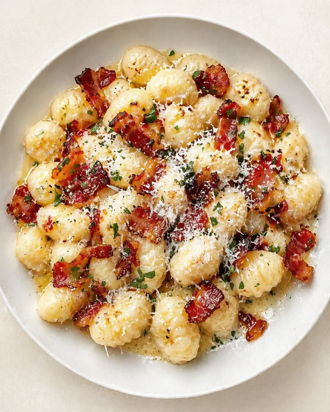Straight-down overhead view of Ultimate Gnocchi Carbonara with Bacon & Parmesan – Delicious Comfort