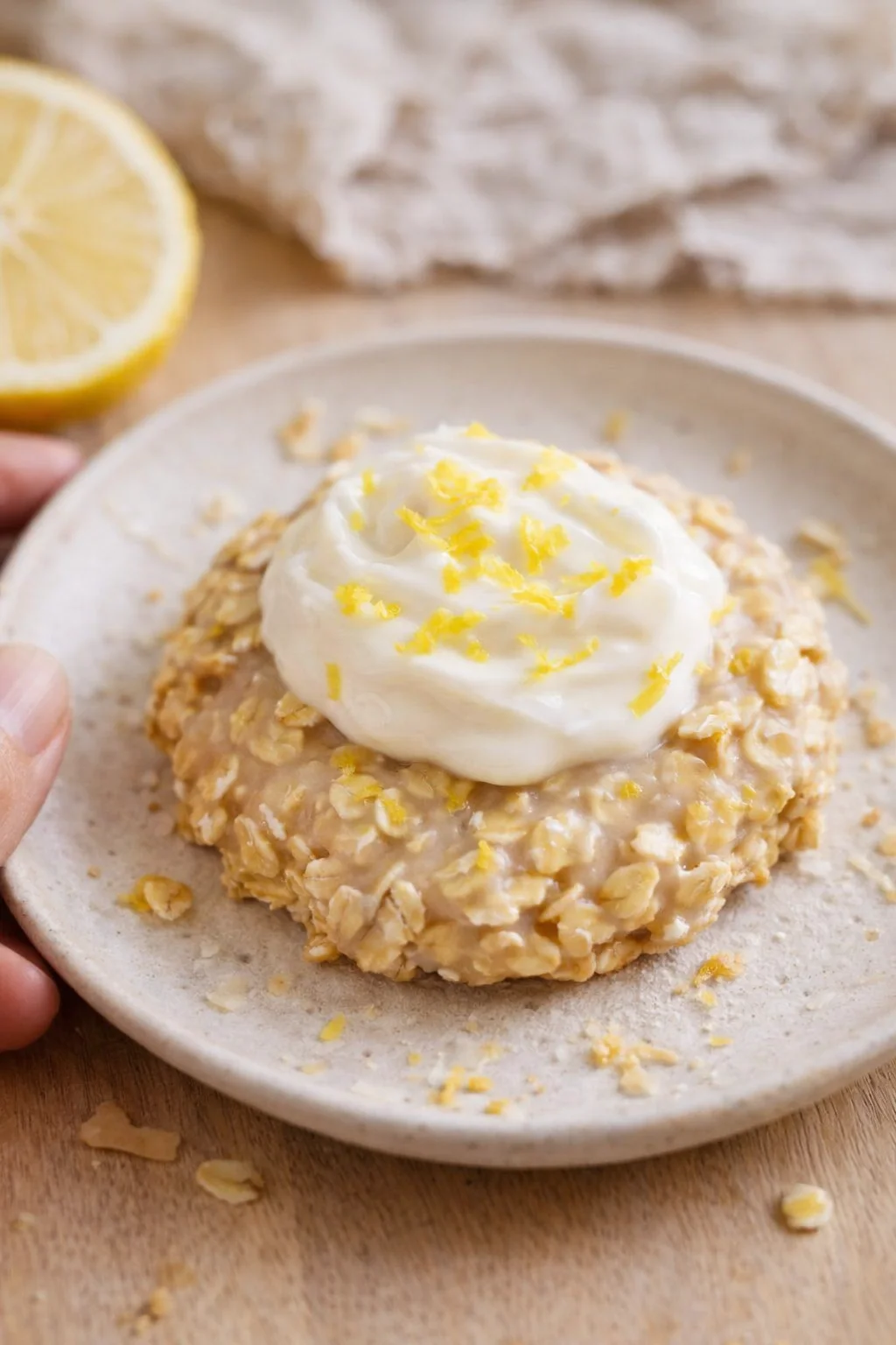Single plated variation of Lemon Oatmeal No-Bake Cookies shown in a natural kitchen scene