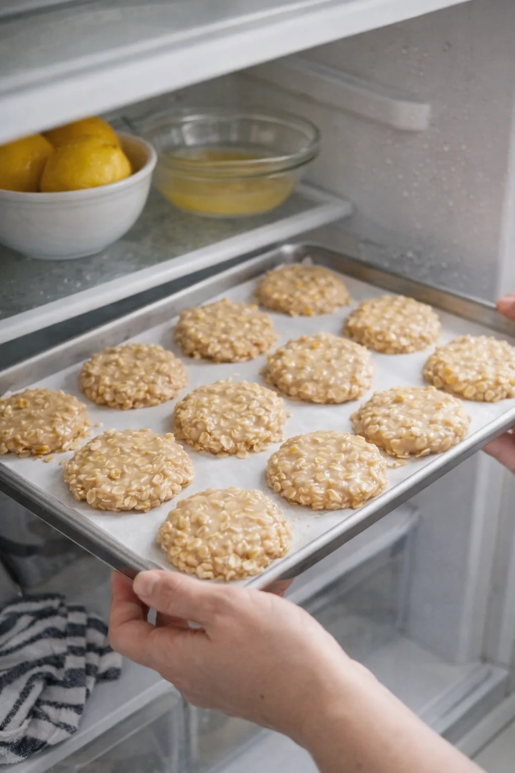 Tray of coated oat cookies arranged on parchment inside fridge to chill until firm.
