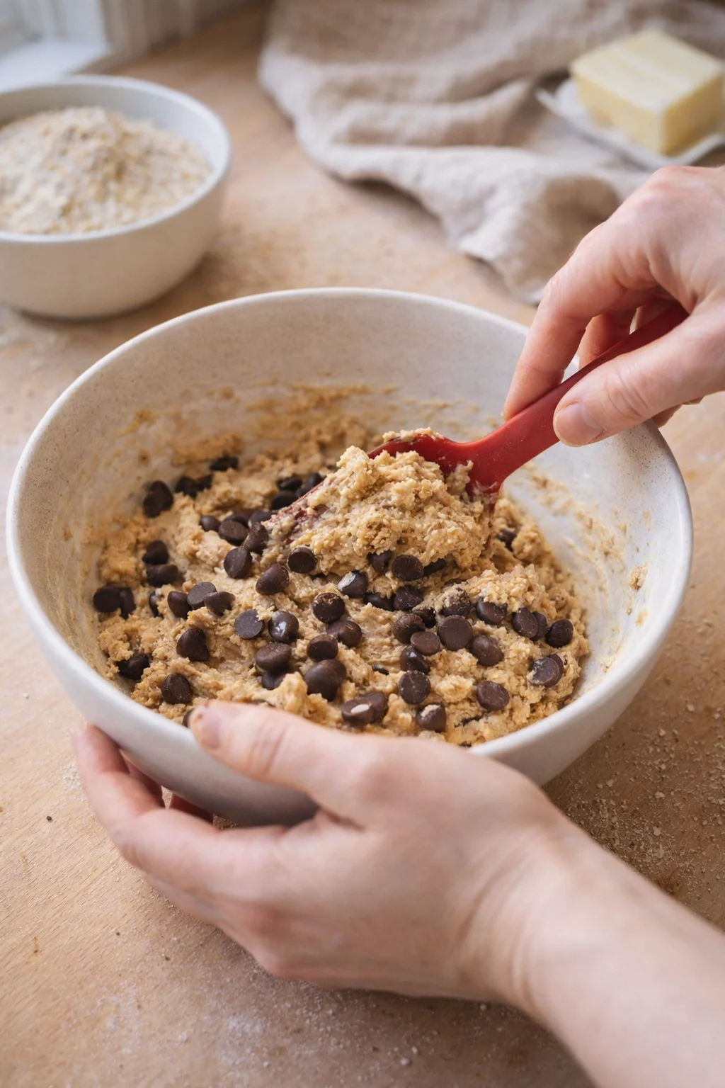 Large bowl with oat flour and protein powder whisked, spatula folding in mix-ins like chocolate chips.