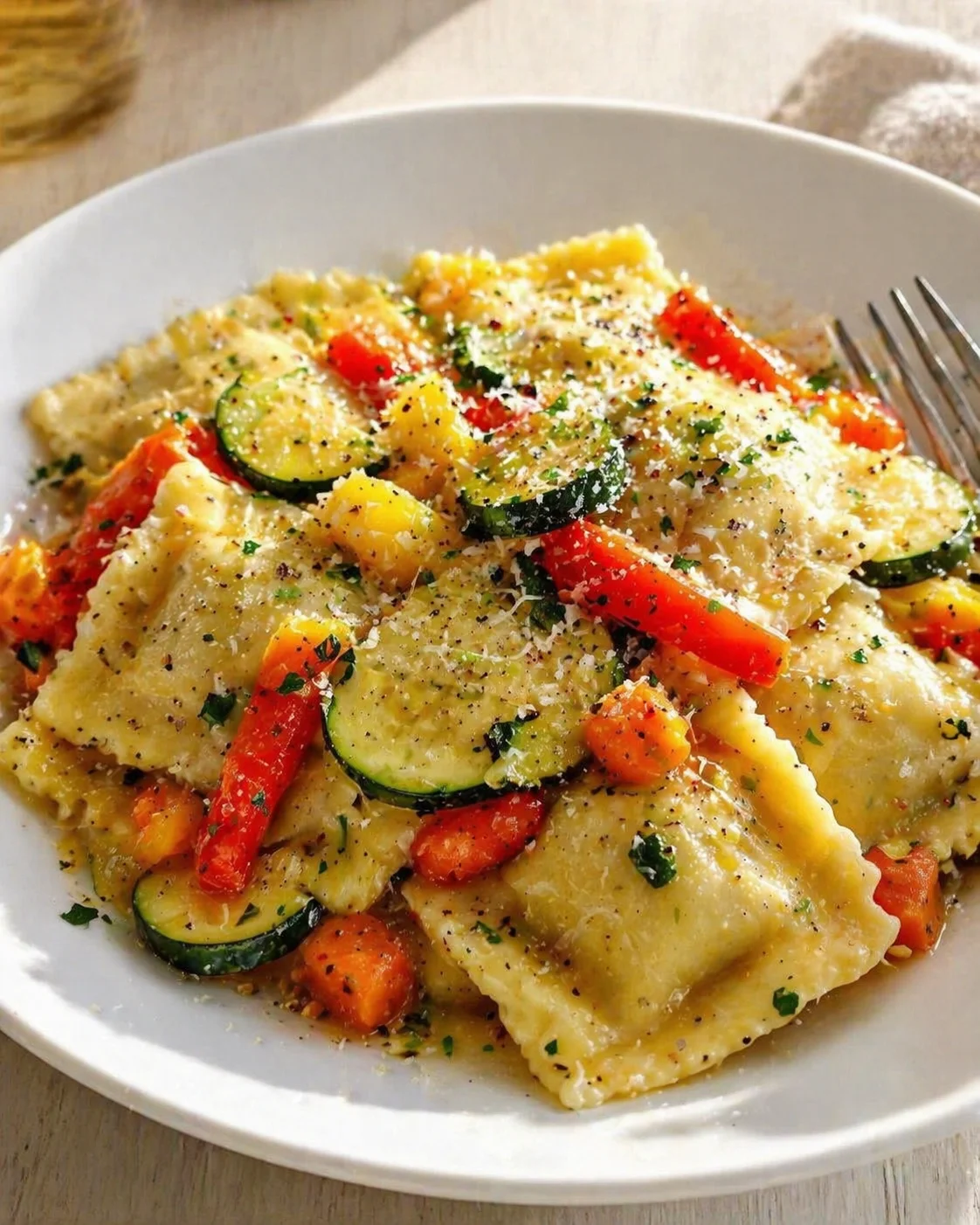 Single plated variation of 25 Minute Ravioli and Veggies Recipe That’s Irresistibly Easy shown in a natural kitchen scene