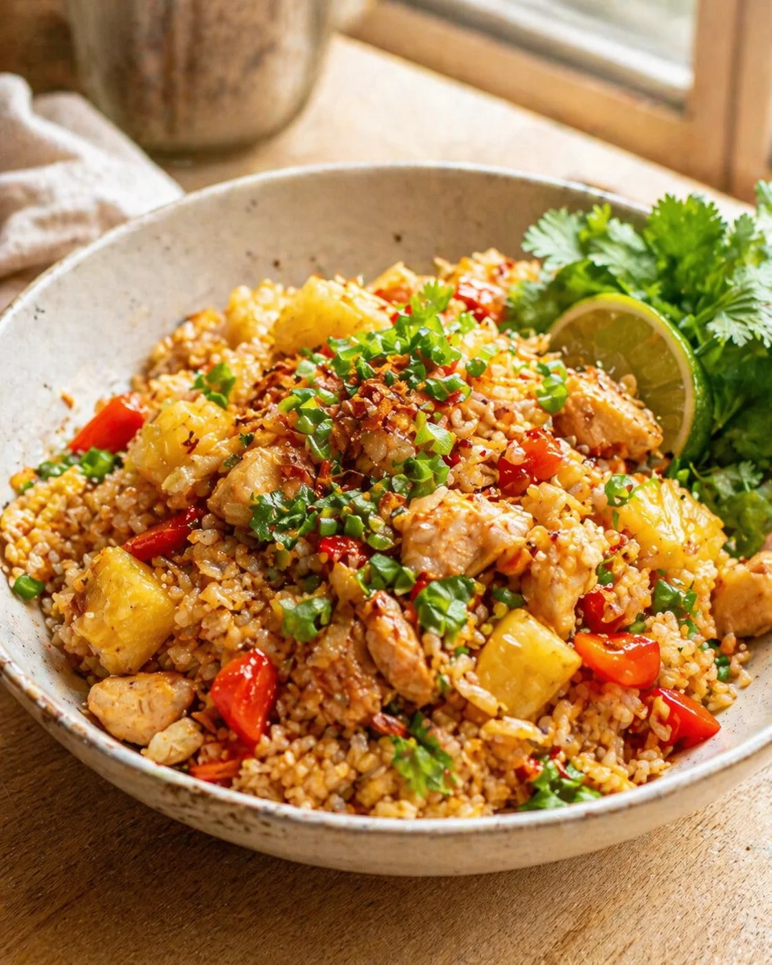 Single plated variation of Thai Pineapple Fried Rice: The Most Delicious Thai Recipe shown in a natural kitchen scene