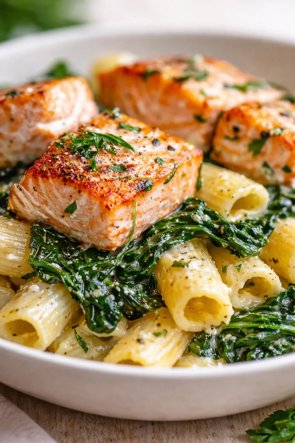 Tight detail shot of Salmon Spinach Pasta: A Delicious & Healthy Recipe highlighting texture