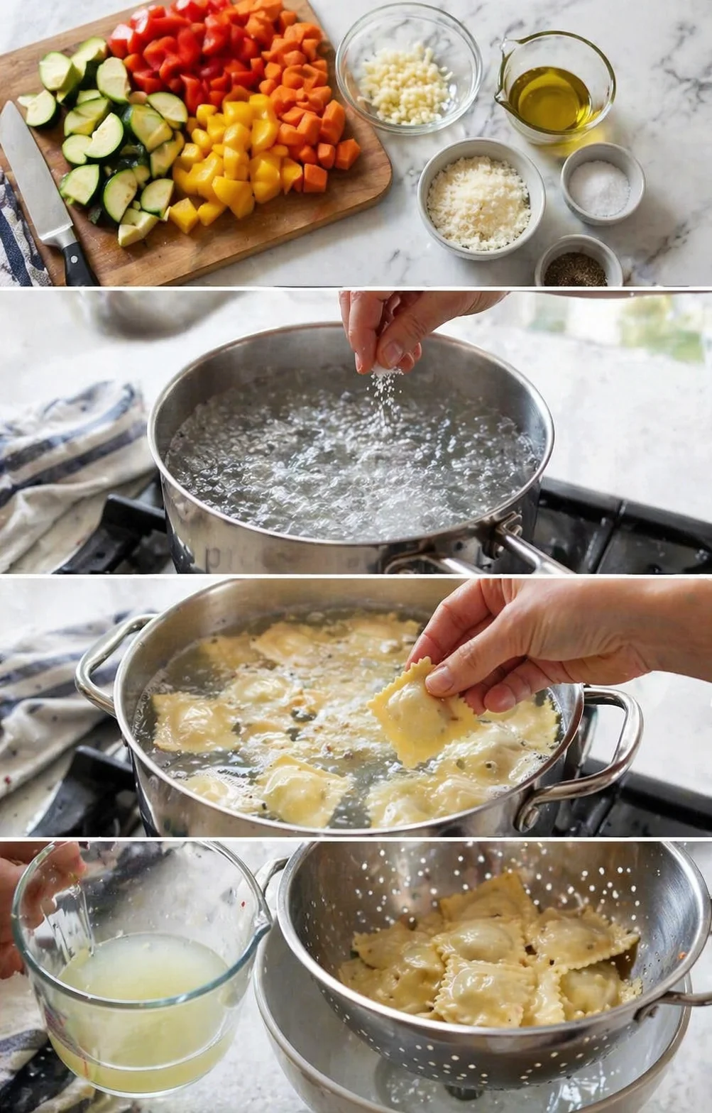 Boiling pot on stove with bowl of chopped vegetables, minced garlic, measured oil and Parmesan.