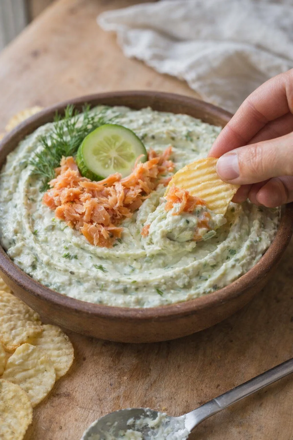 Single plated variation of Dill Pickle Dip Recipe shown in a natural kitchen scene