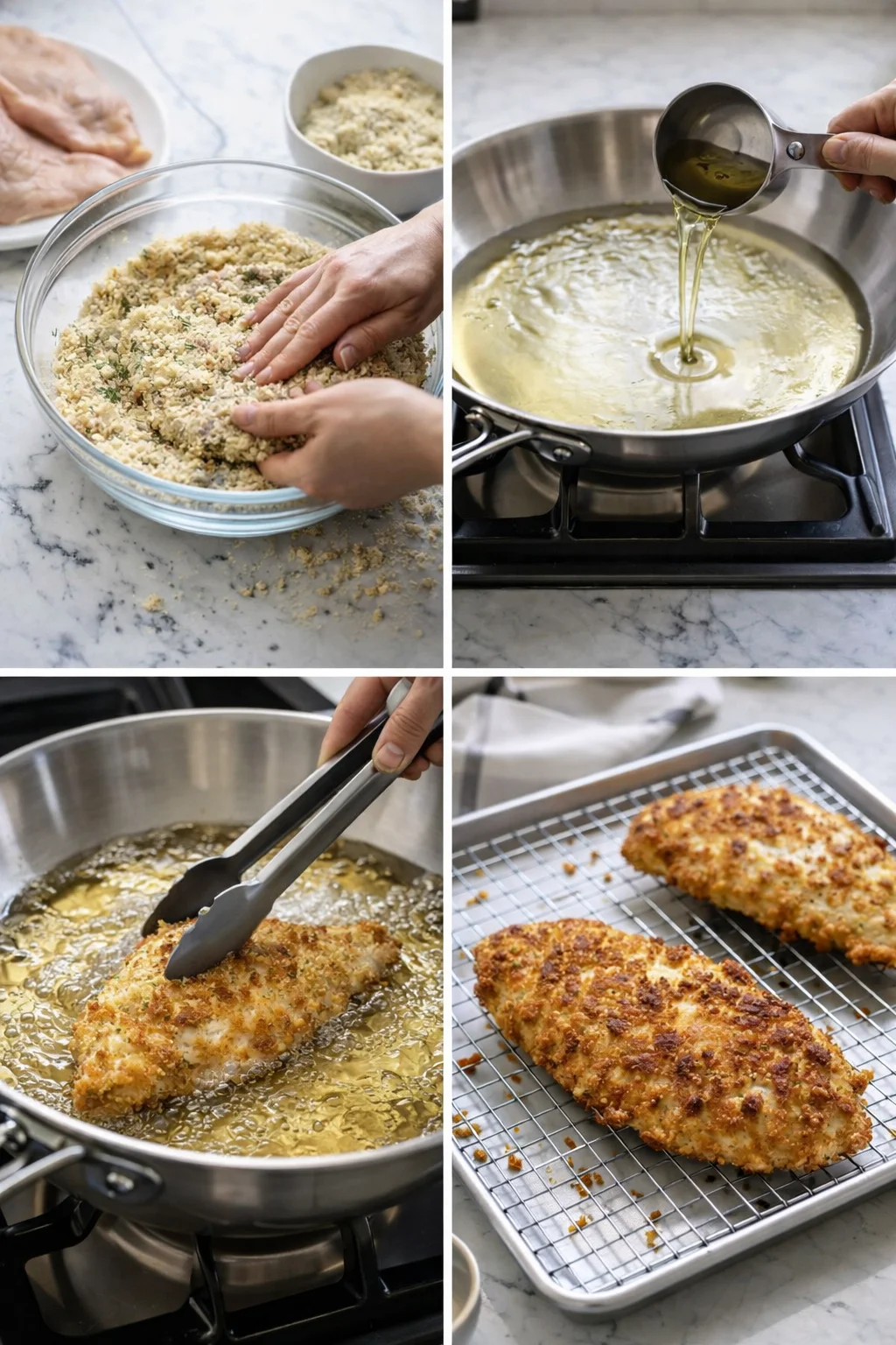 step-process-placeholder-9-12.png Breaded chicken pressed into crumbs, frying in hot oil in skillet, then resting on wire rack.