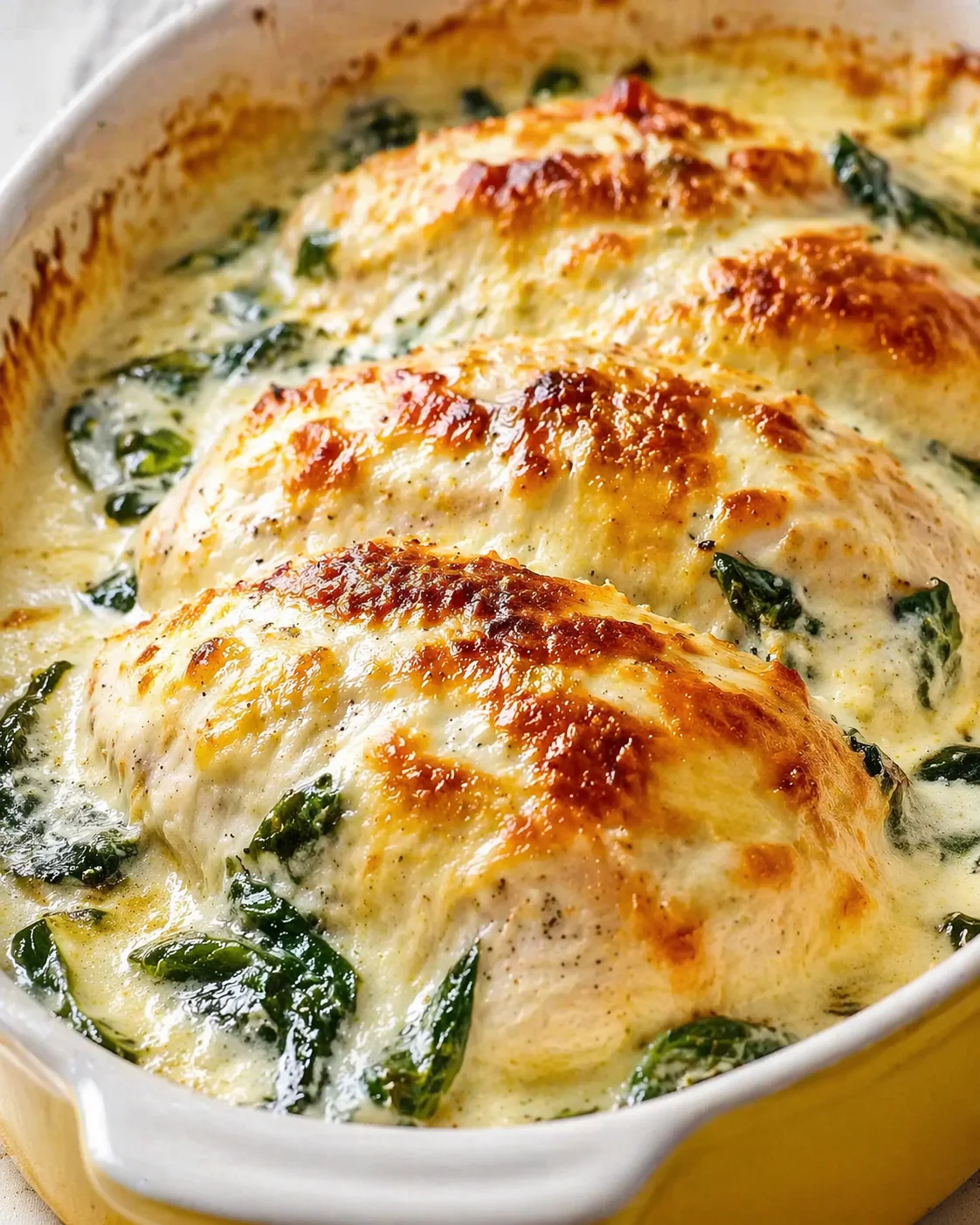Final plated Irresistible Creamy Chicken and Spinach Casserole served as a hero shot