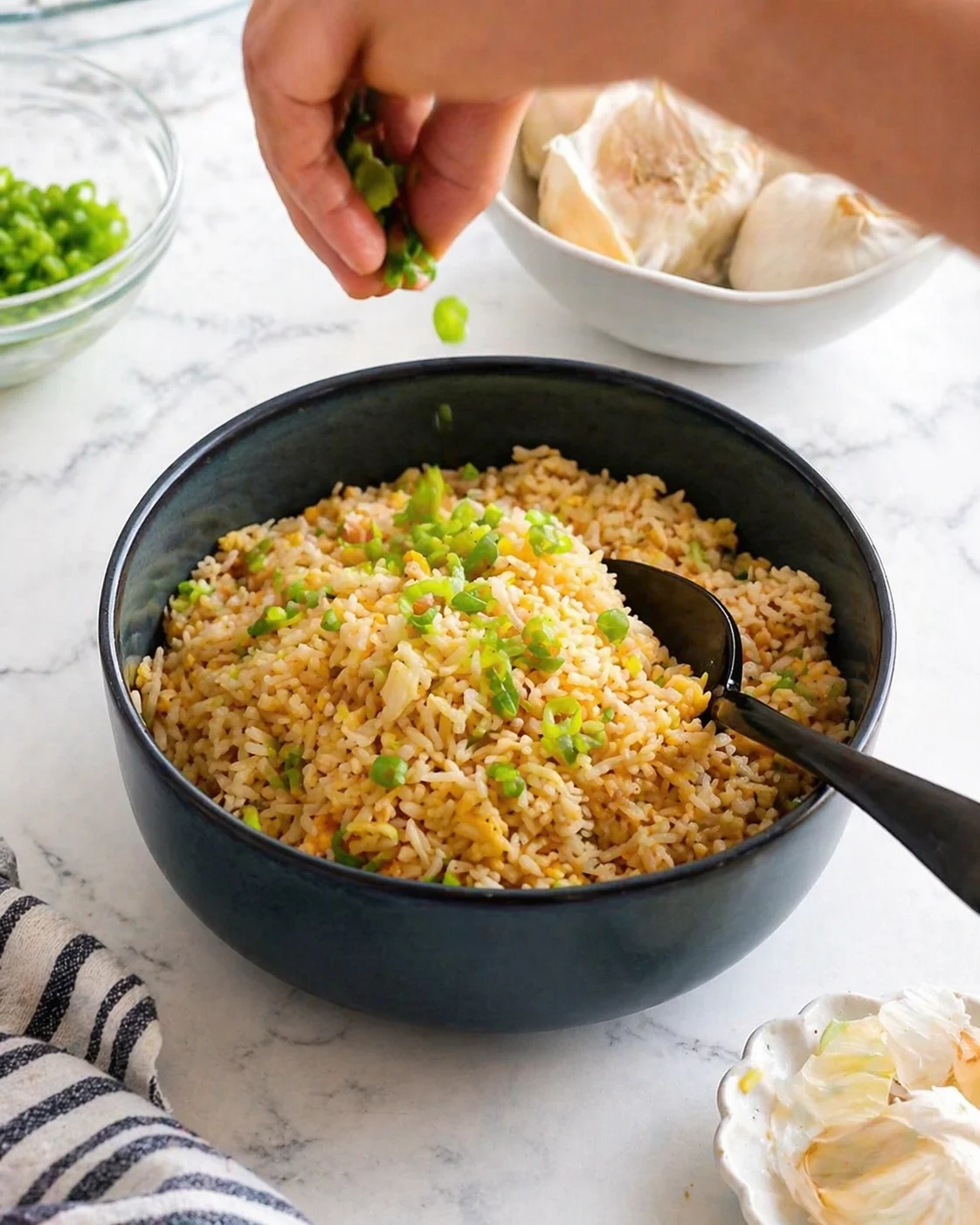 Finished fried rice plated and sprinkled with extra chopped scallions as garnish.