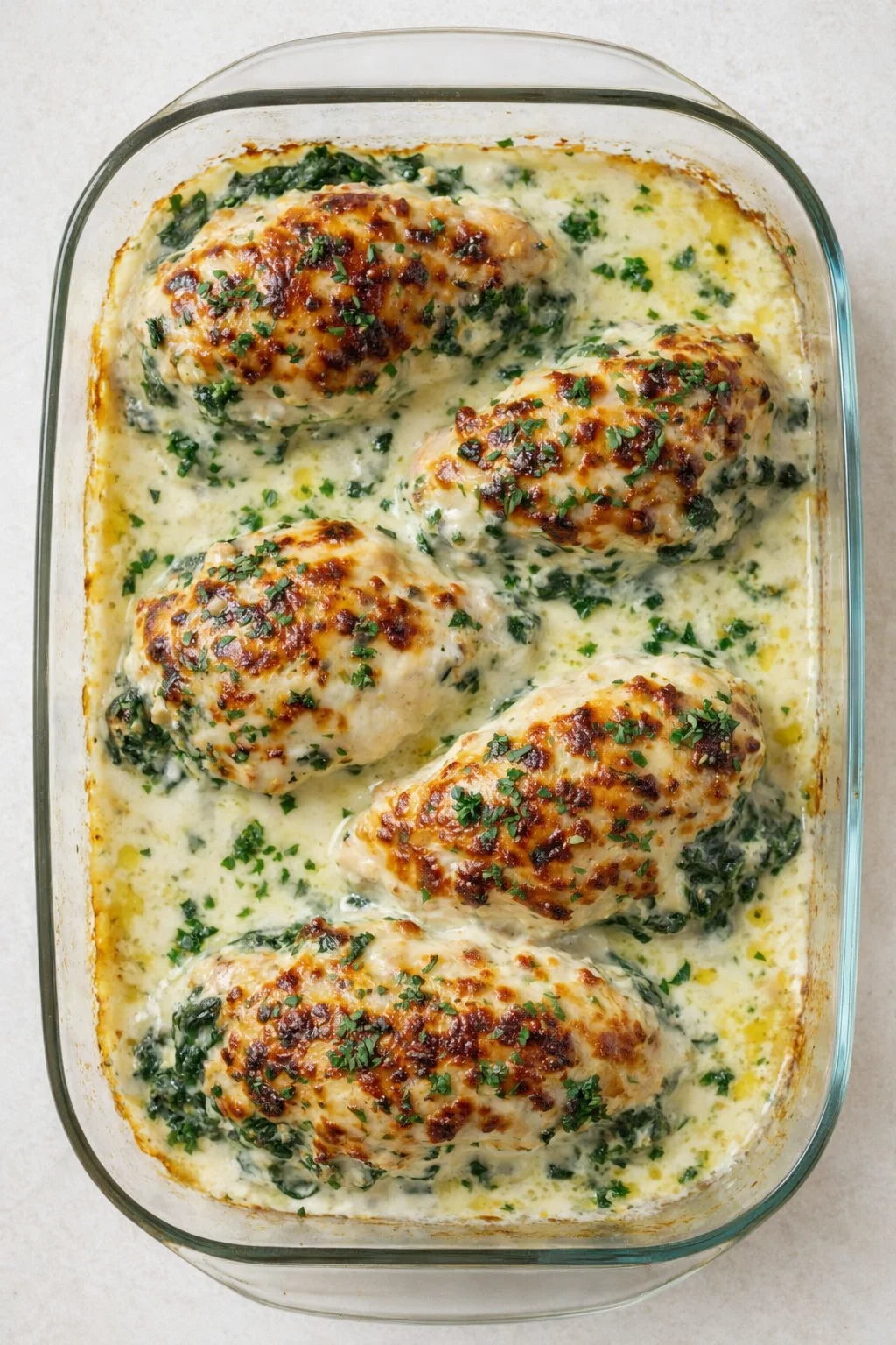 Straight-down overhead view of Creamy Low Carb Spinach Ricotta Chicken Bake