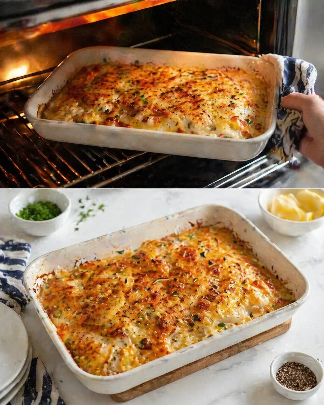 Broiled catfish with caramelized golden-brown topping, resting briefly in baking dish before serving.