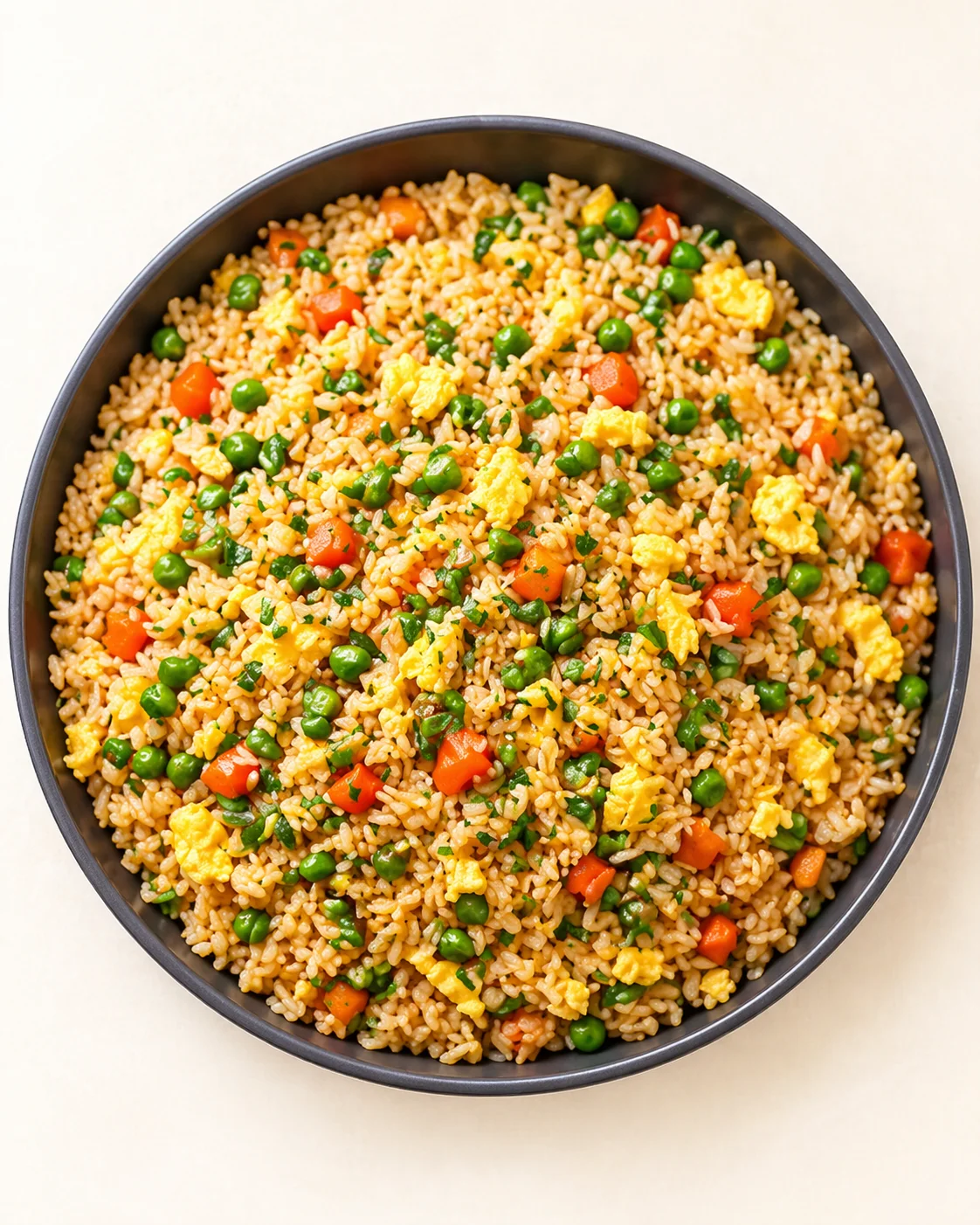 Straight-down overhead view of Quick and Easy Egg Fried Rice - MushroomSalus