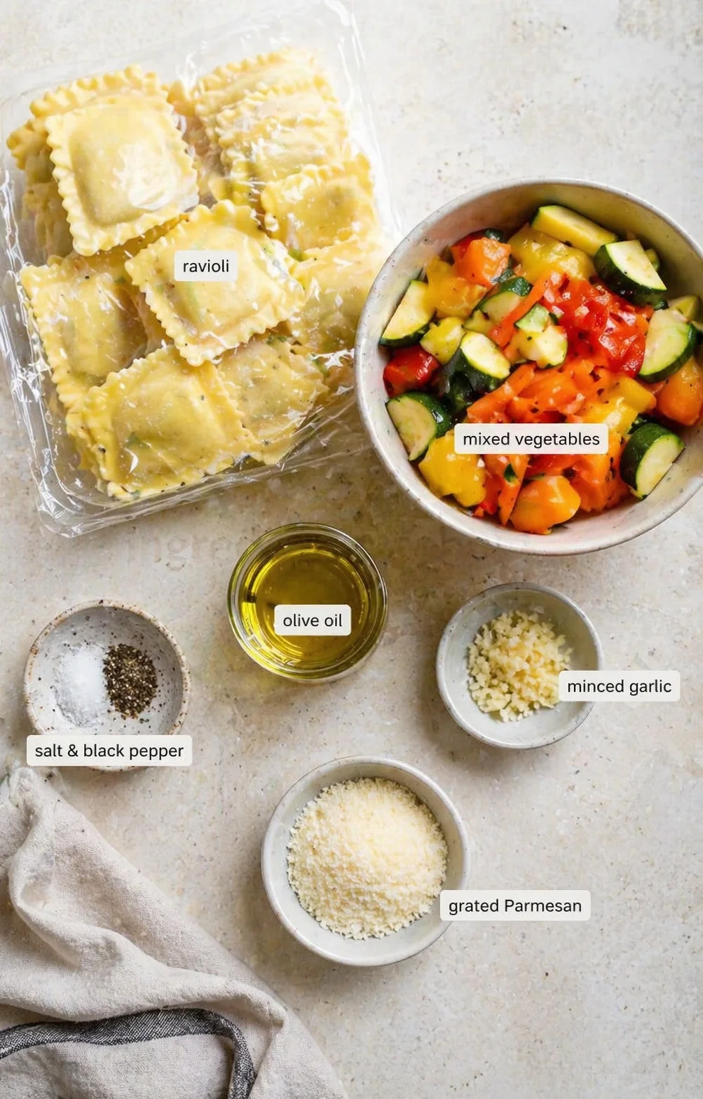 Measured ingredients arranged for 25 Minute Ravioli and Veggies Recipe That’s Irresistibly Easy: 1 package (9 oz) fresh ravioli - Cheese-filled is my top pick, but mushroom or spinach ravioli are great options too., 2 cu