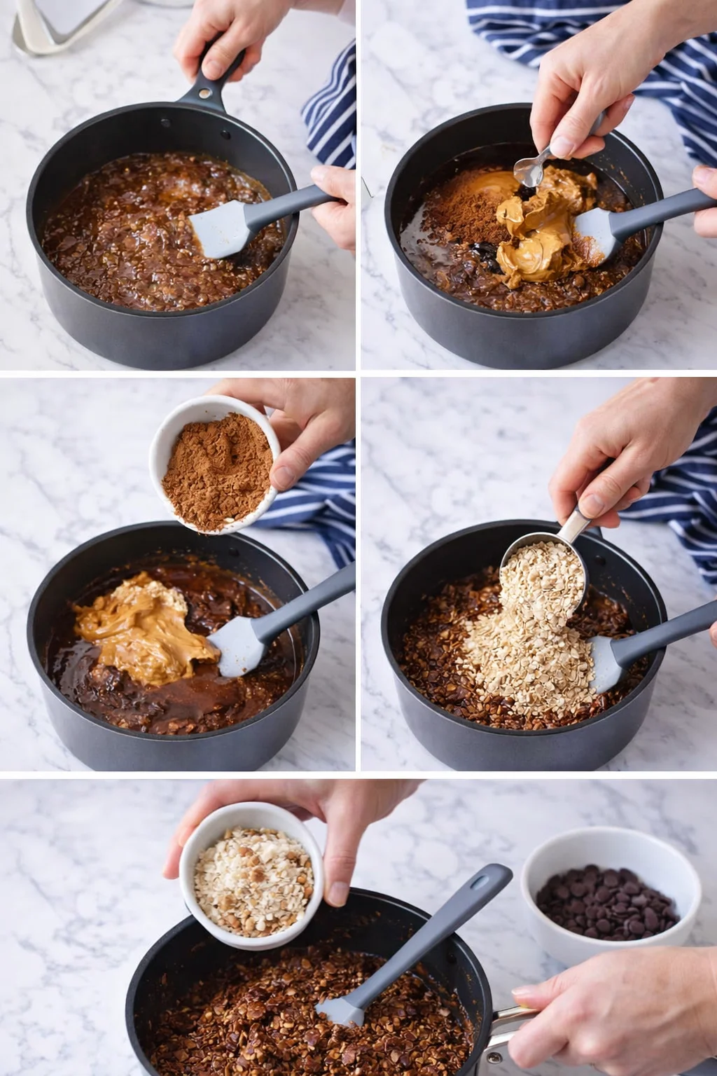 Saucepan with glossy chocolate-peanut butter mixture being stirred while quick oats are folded in.