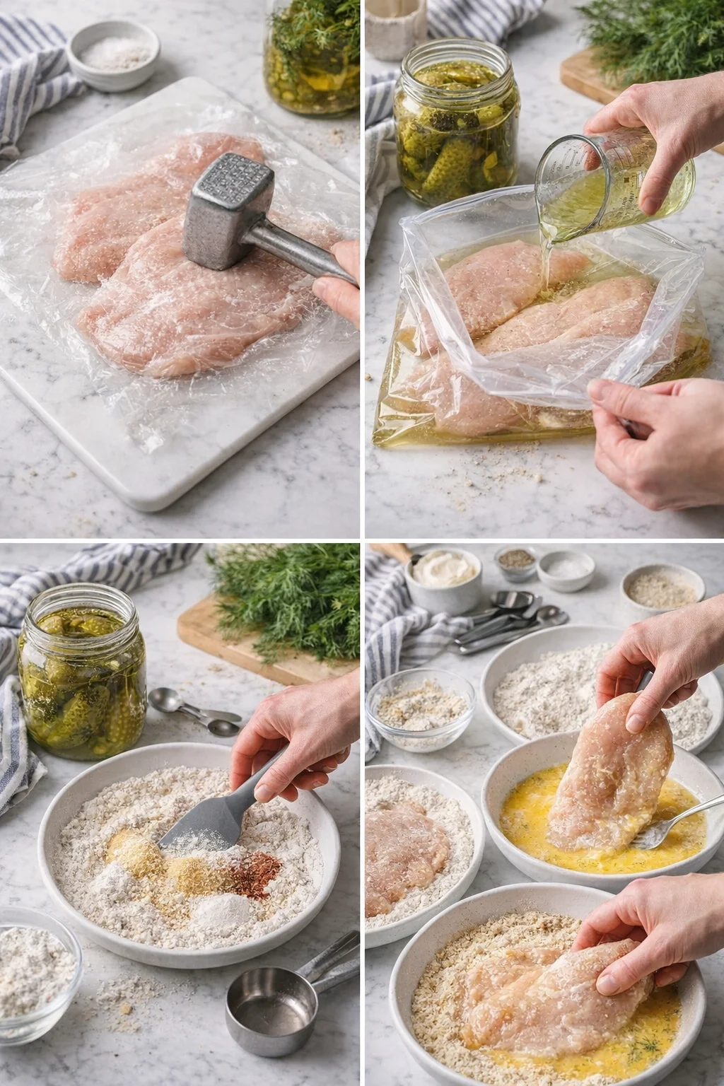 step-process-placeholder-1-4.png Flattened chicken breasts, shallow dish of pickle brine, seasoned flour in bowl, and whisked eggs.