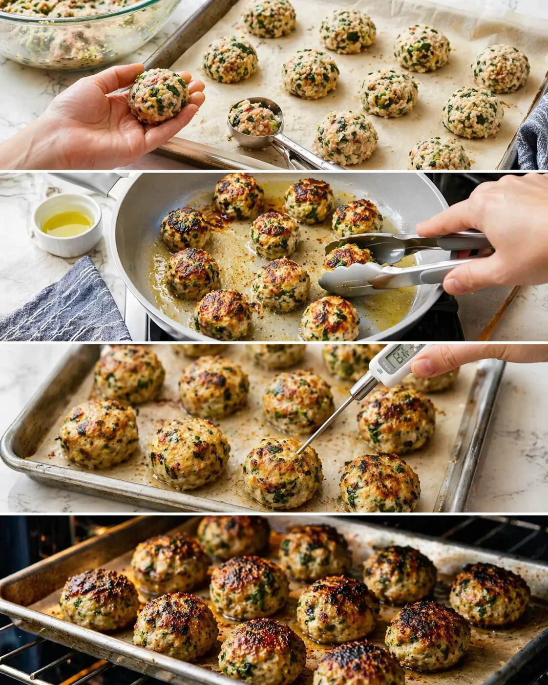 Evenly spaced 1.5-inch meatballs arranged on a parchment-lined baking sheet ready to bake.