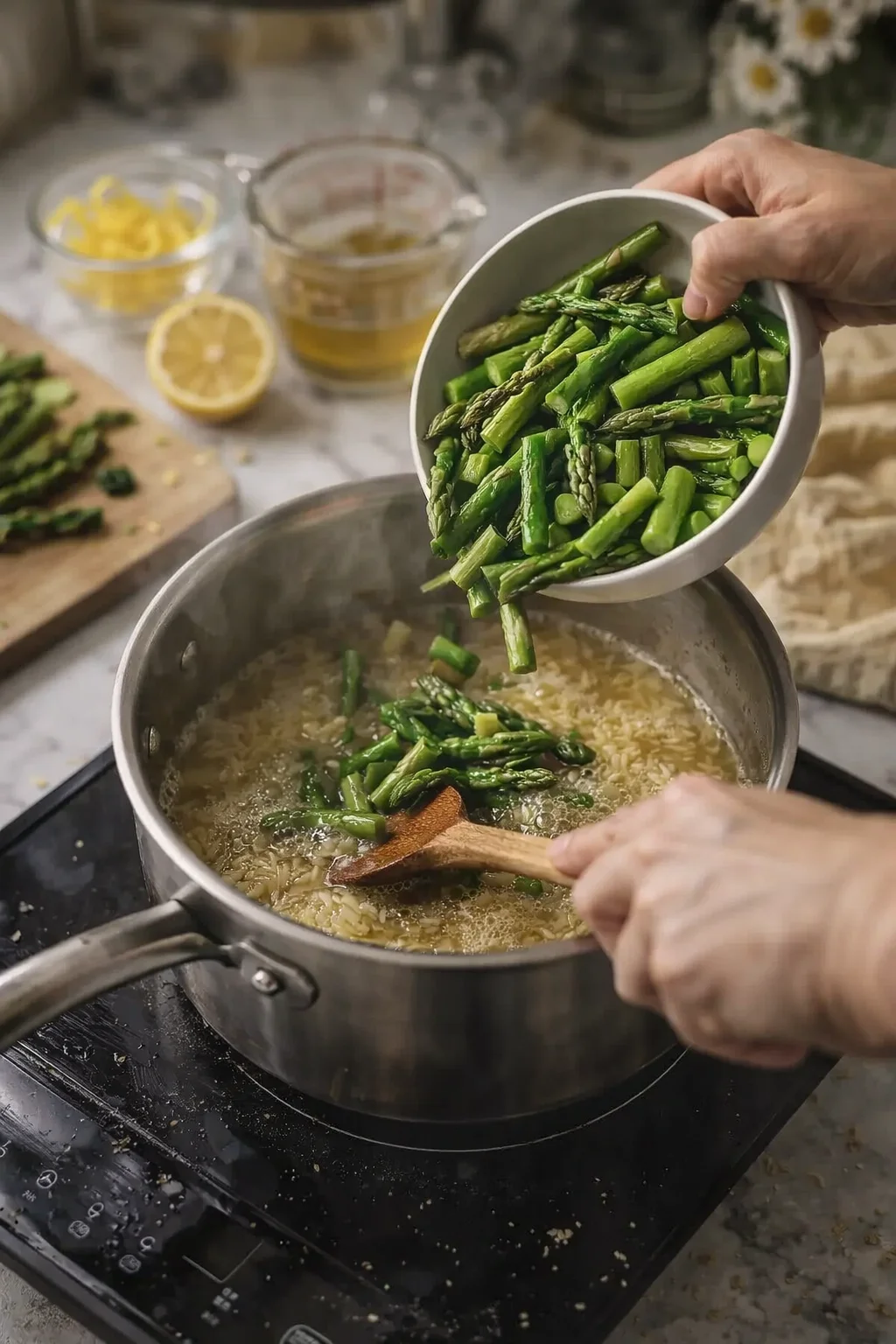Hands pouring asparagus into a simmering pot of risotto on the stove