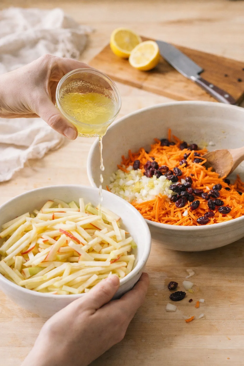 Hands pour lemon dressing into bowls of julienned apples and shredded carrots with raisins.
