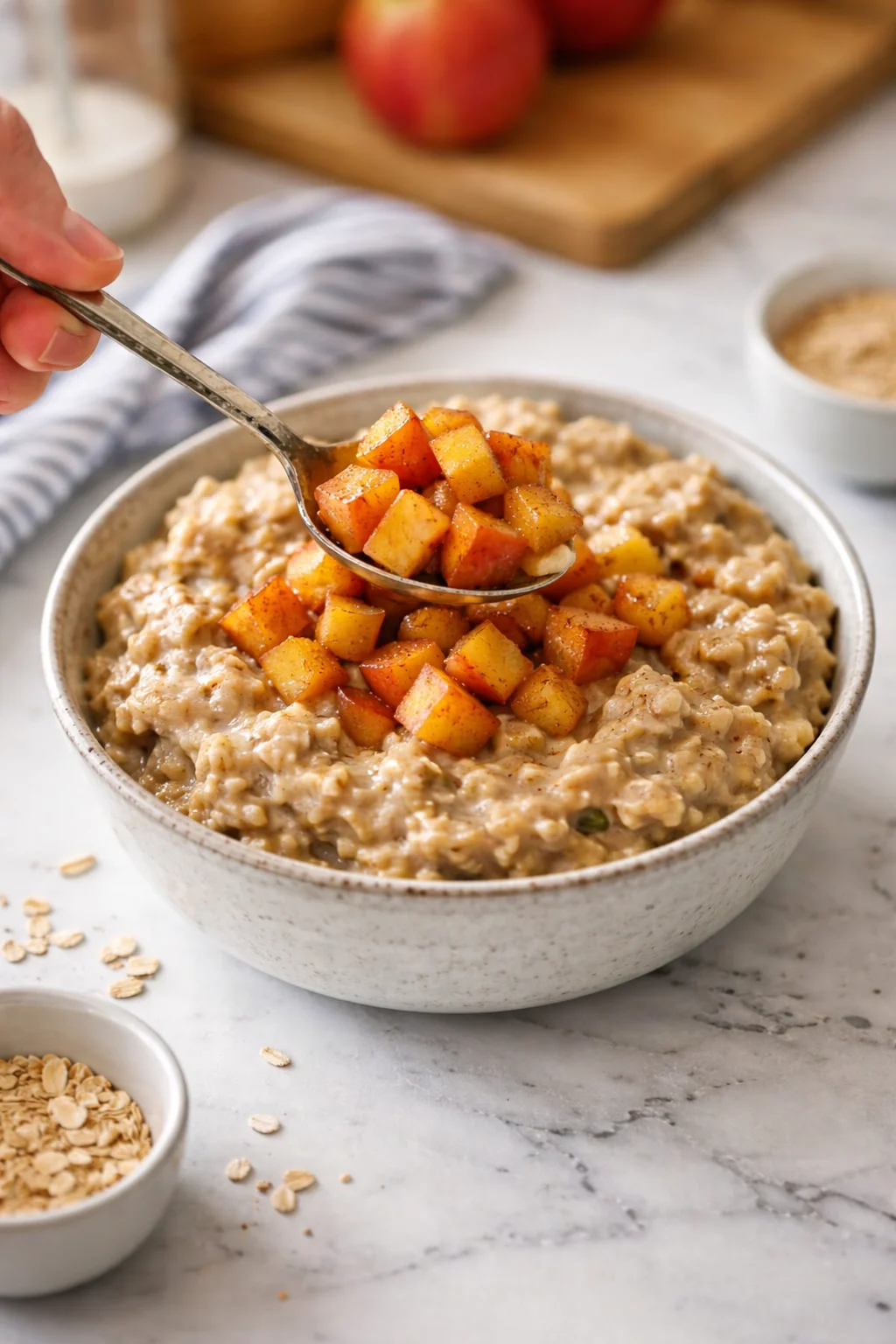 Creamy oatmeal in a speckled bowl, topped with golden apple cubes.