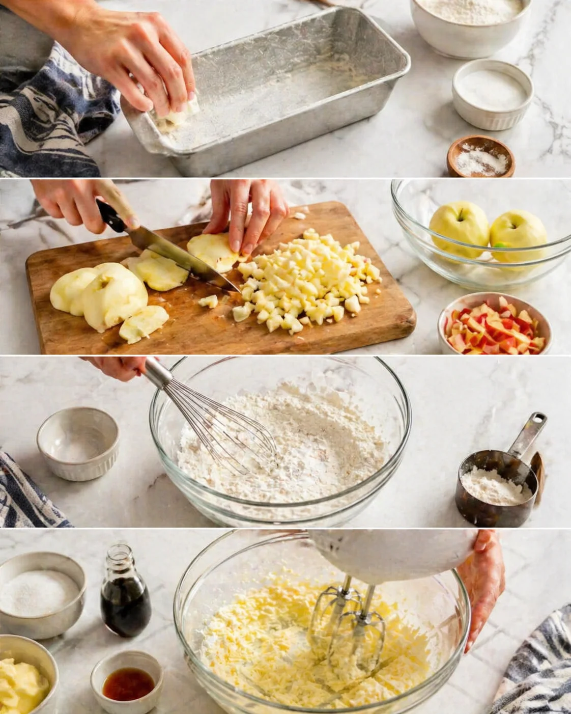 Collage of apple loaf cake preparation: chopping apples, whisking flour, and mixing batter on a marble countertop