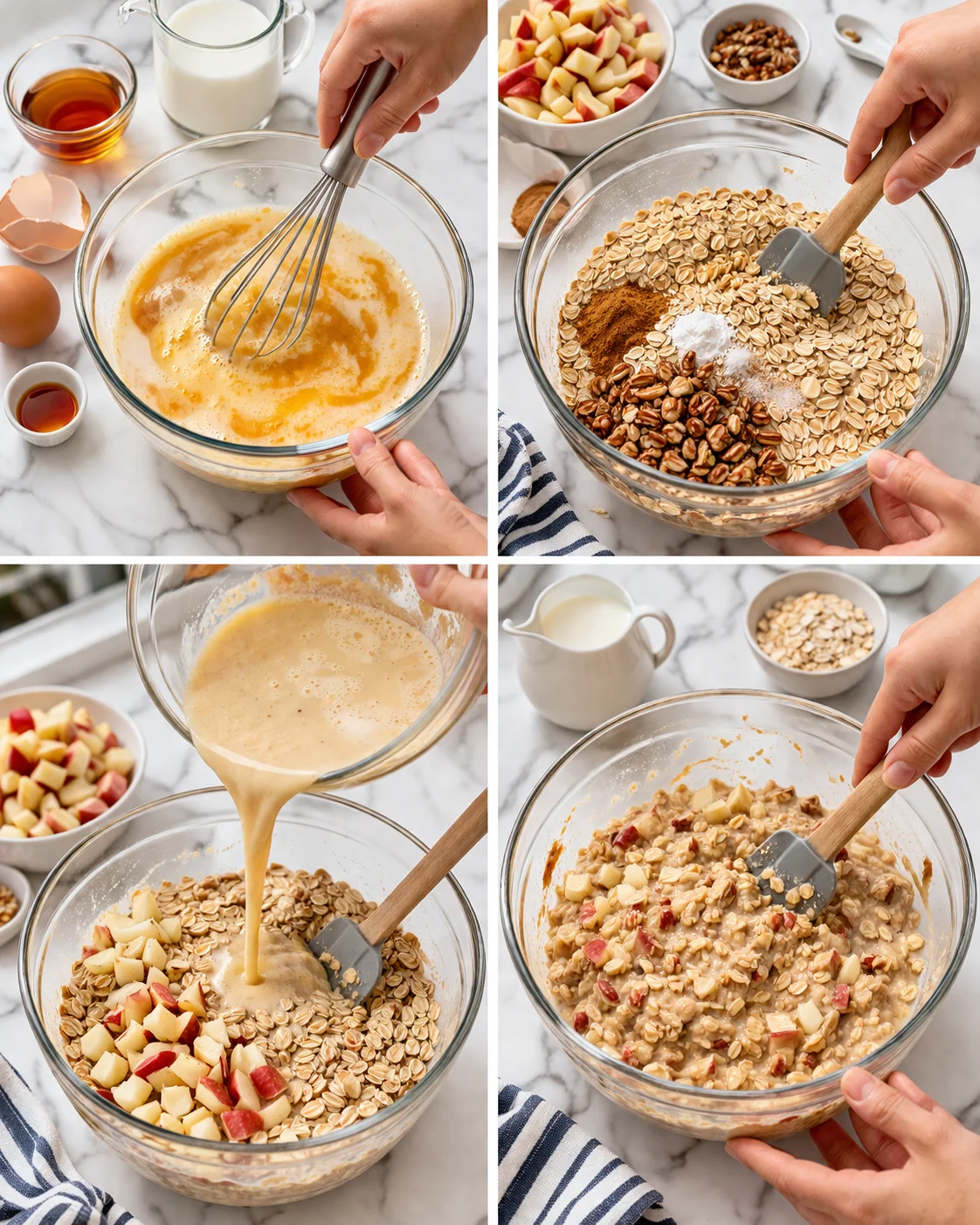collage showing four-step process for making apple oatmeal bake with oats, apples, and batter
