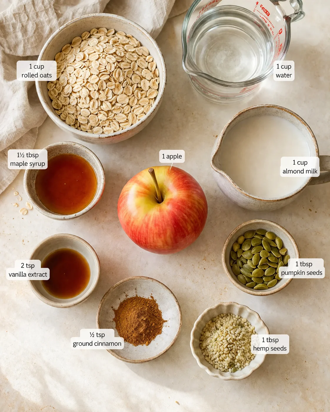 top-down view of oats, almond milk, water, apple, and seeds with labeled ingredients