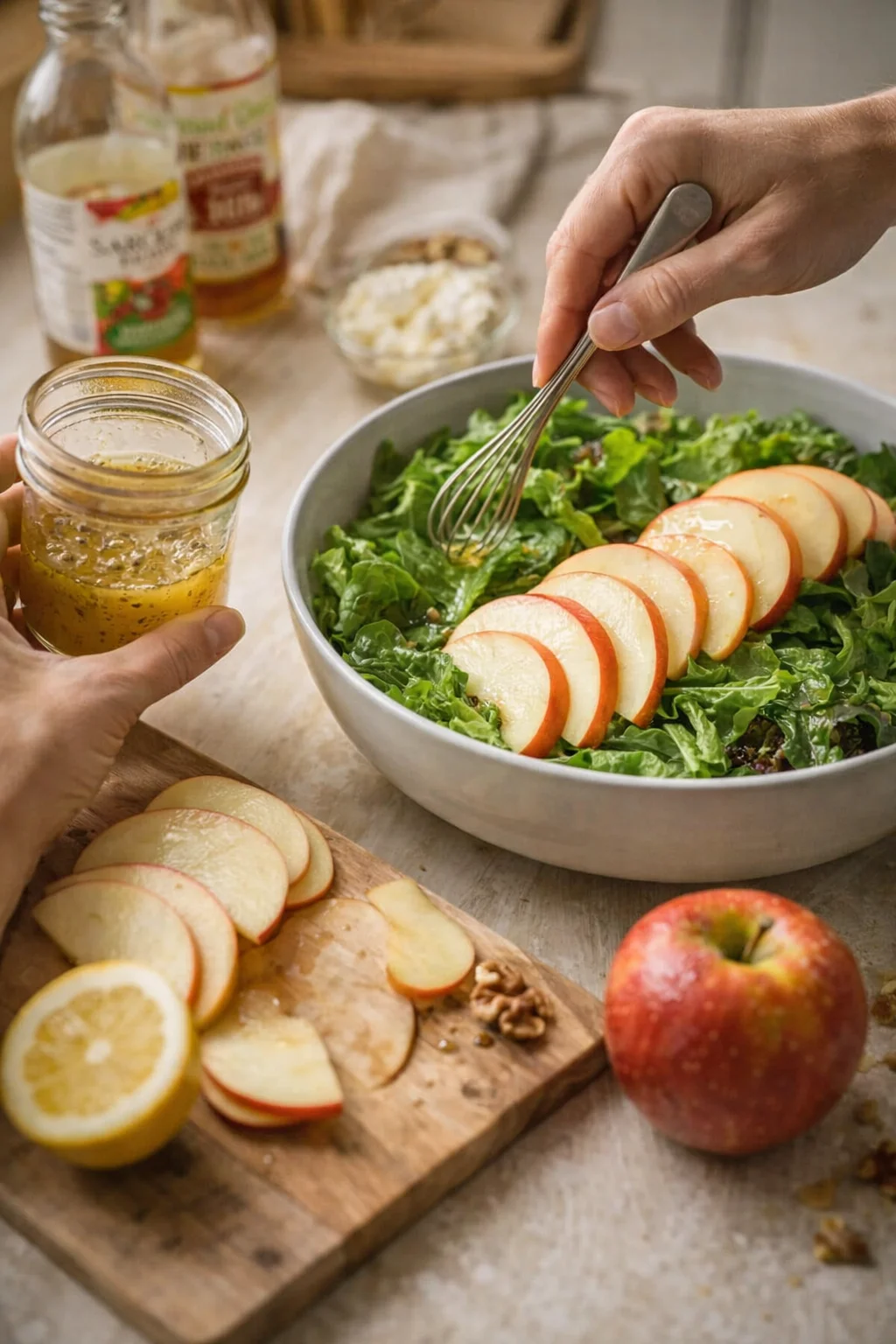 salad bowl with apple slices on greens, hands whisking dressing over the bowl