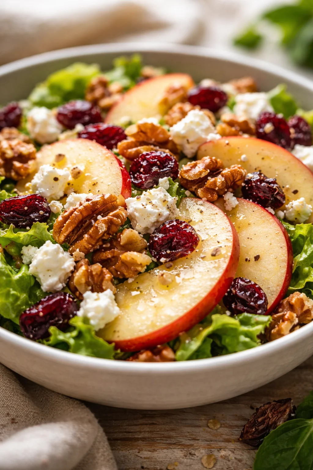 Salad in a white bowl with green lettuce, apple slices, dried cranberries, feta cheese, and walnuts.